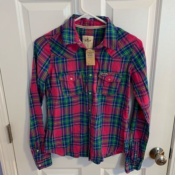 Hollister small pink plaid snap button down shirt - Picture 1 of 3